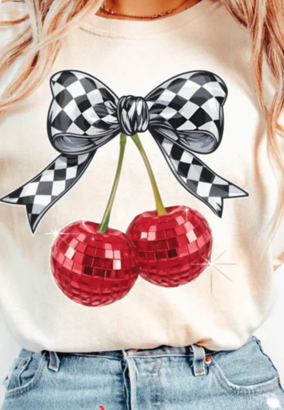 Red Cherries with checkerd Bow