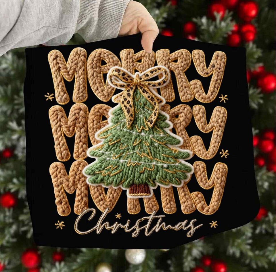 FAUX YARN MERRY CHRISTMAS WITH LEOPARD BOW