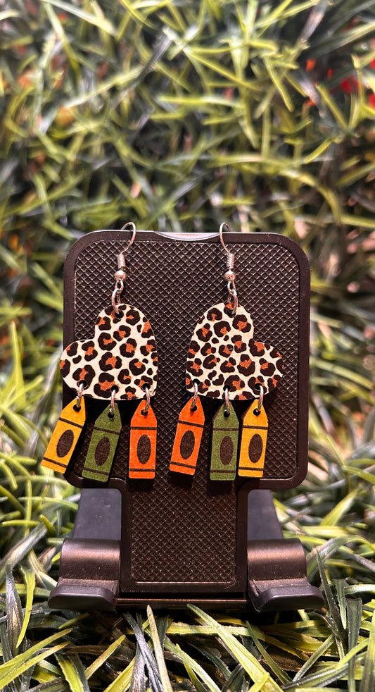 Leopard heart crayon earrings