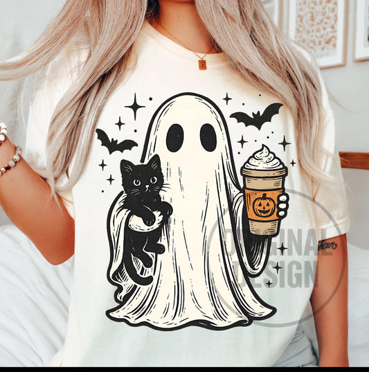 Cute Ghost with Cat and latte